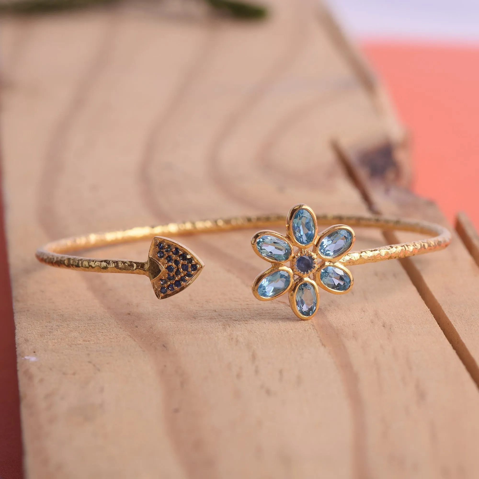 Flower Blue Sapphire Open Cuff Bangles
