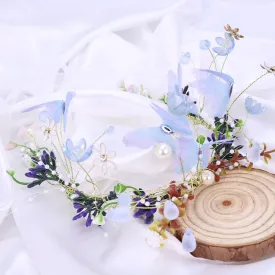 Flower Crown for Women, Adjustable Butterfly Handmade Garland Crown Hair Wreath for Wedding Festival Party Floral Crowns for Girls Headhand Hair Accessory (Blue, Adjustable)