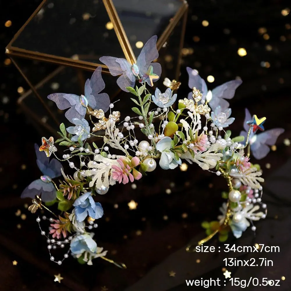 Flower Crown for Women, Adjustable Butterfly Handmade Garland Crown Hair Wreath for Wedding Festival Party Floral Crowns for Girls Headhand Hair Accessory (Blue, Adjustable)