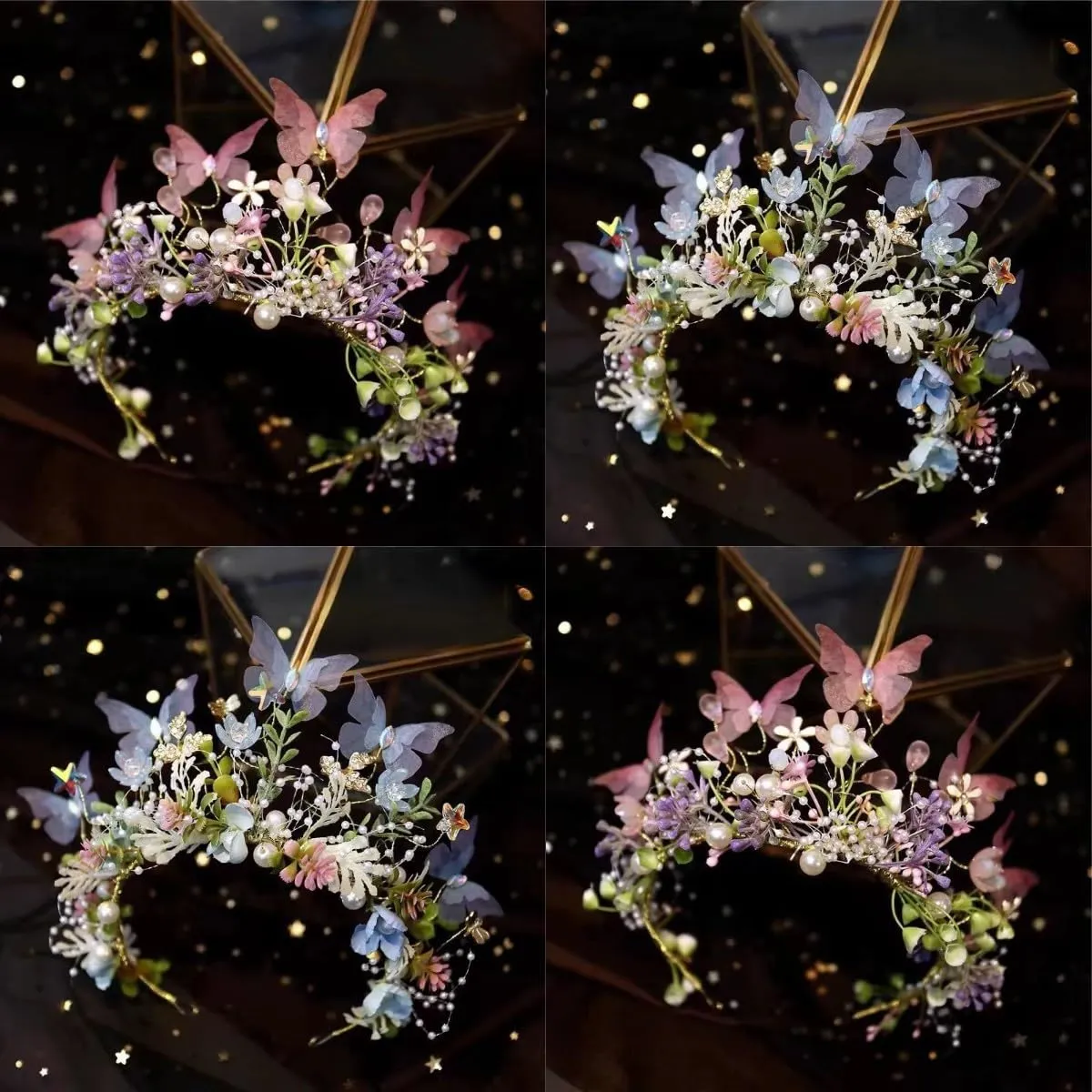 Flower Crown for Women, Adjustable Butterfly Handmade Garland Crown Hair Wreath for Wedding Festival Party Floral Crowns for Girls Headhand Hair Accessory (Blue, Adjustable)