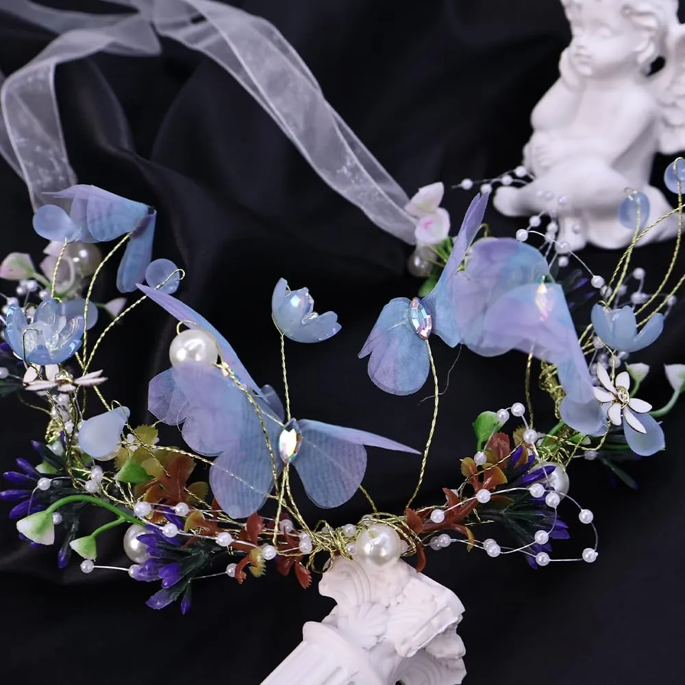 Flower Crown for Women, Adjustable Butterfly Handmade Garland Crown Hair Wreath for Wedding Festival Party Floral Crowns for Girls Headhand Hair Accessory (Blue, Adjustable)