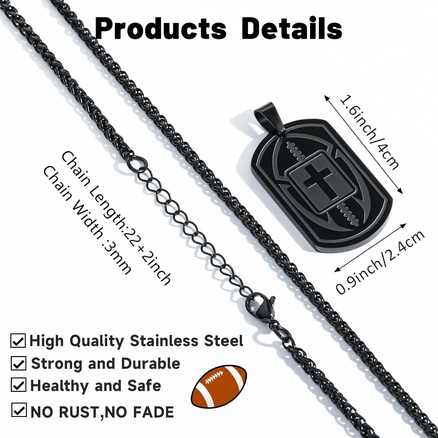 Football Bible Verse Cross Necklace for Men Stainless Steel Religious Gift Football Sports Jewelry for Kids Boys Men Teens Boyfriend Husband