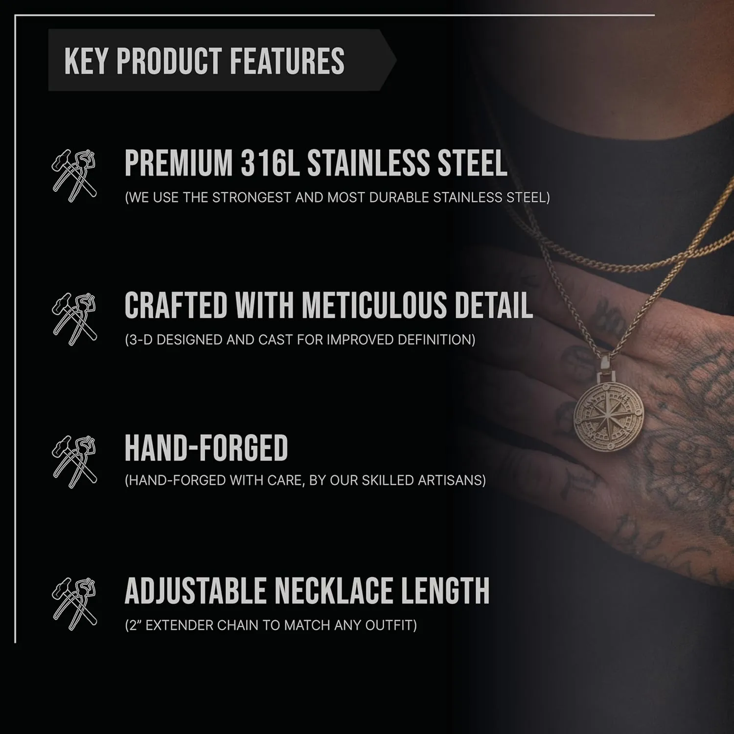 Forge & Foundry Men's Religious Pendant with 21" Extendable Necklace Chain - Compass | Saint Michael | Saint Christopher Pendant