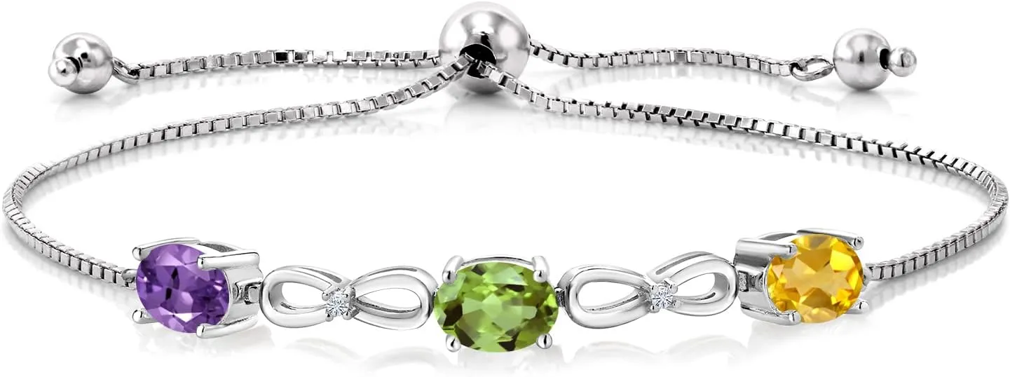 Gem Stone King 925 Sterling Silver Customized and Personalized 3 Gemstone Birthstone and White Lab Grown Diamond Tennis Infinity Bracelet For Women (2.27 Cttw, Adjustable up to 9 Inches)