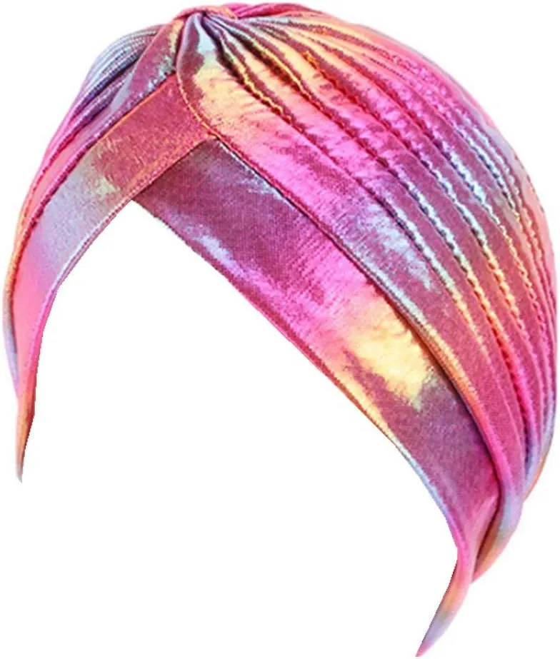 Glitter Laser Flower Turban Colourful Beanie Cap Stretchy Hair Wrap for Women