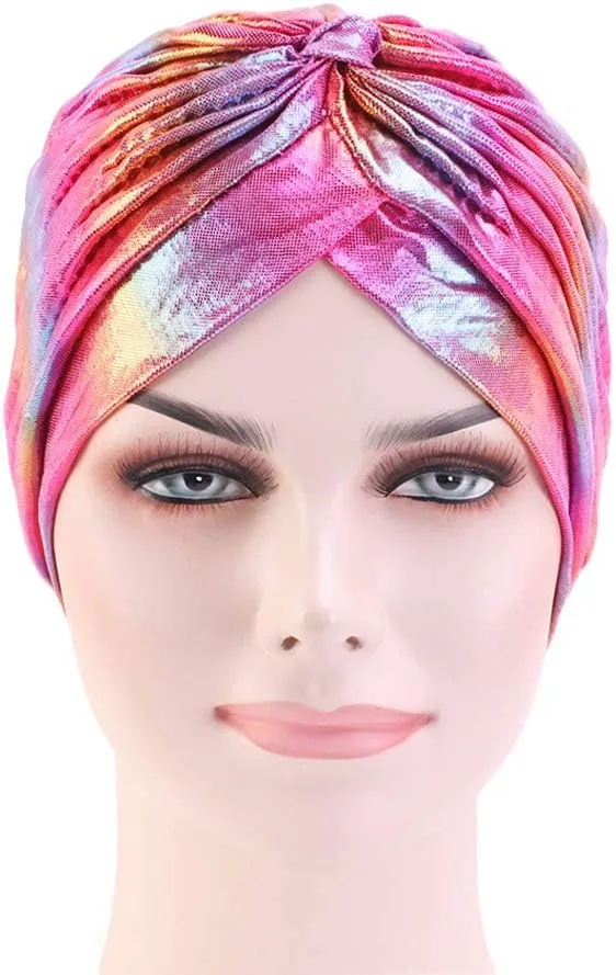 Glitter Laser Flower Turban Colourful Beanie Cap Stretchy Hair Wrap for Women