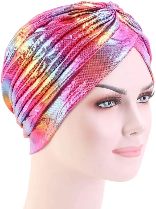 Glitter Laser Flower Turban Colourful Beanie Cap Stretchy Hair Wrap for Women