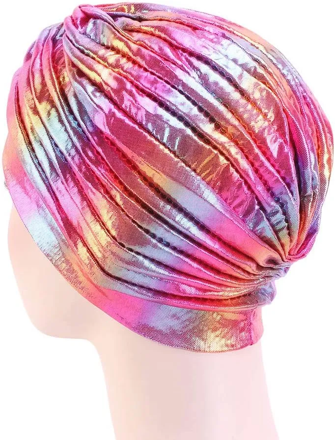 Glitter Laser Flower Turban Colourful Beanie Cap Stretchy Hair Wrap for Women