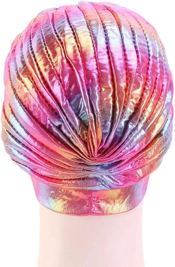 Glitter Laser Flower Turban Colourful Beanie Cap Stretchy Hair Wrap for Women