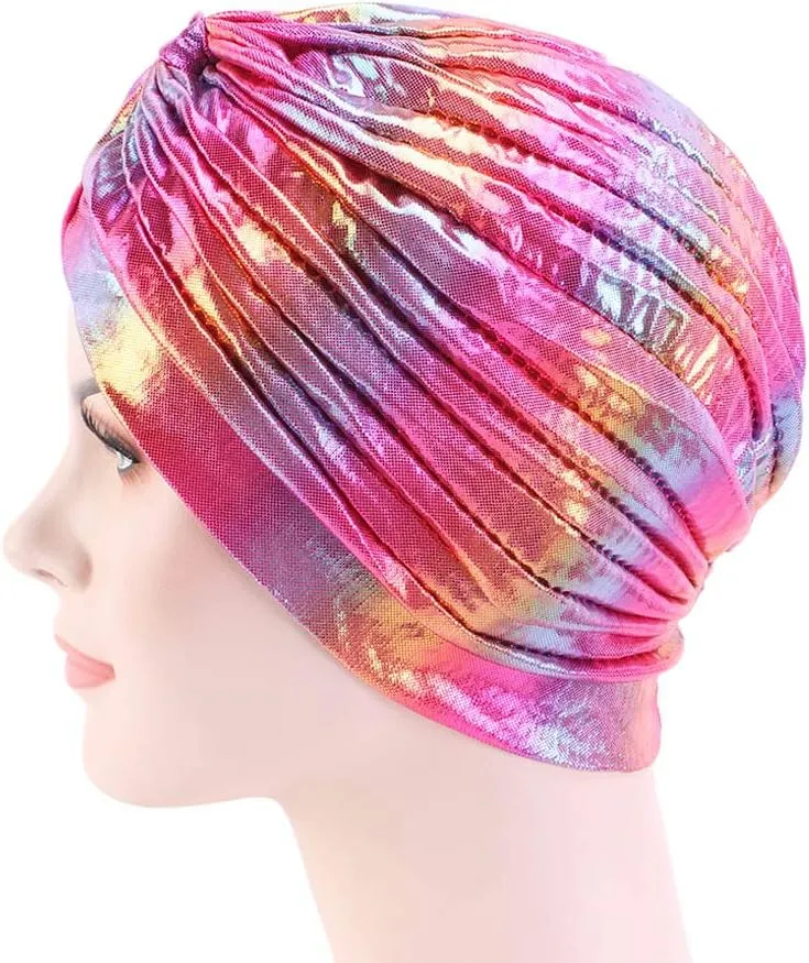 Glitter Laser Flower Turban Colourful Beanie Cap Stretchy Hair Wrap for Women