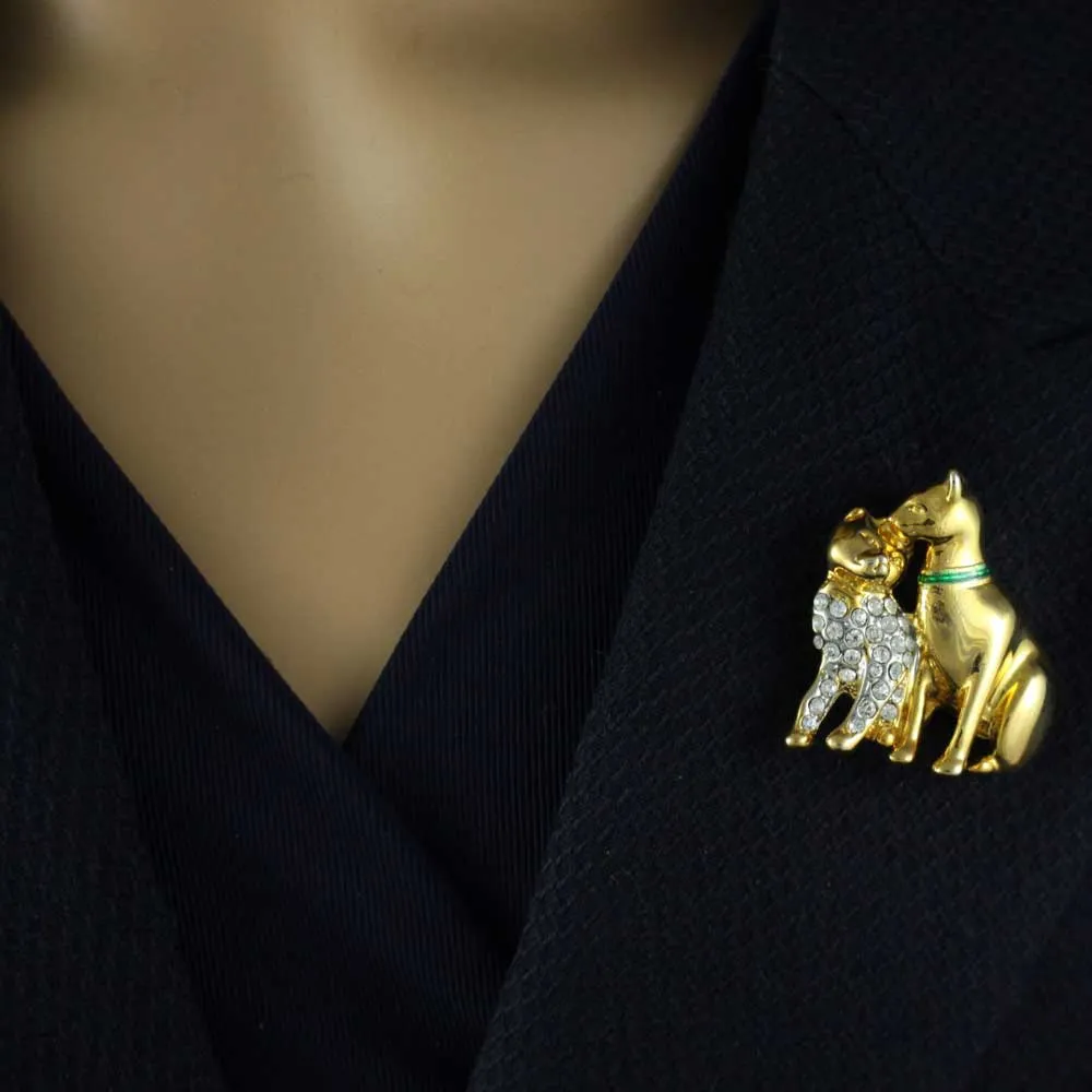 Gold and Clear Crystal Cat Lovers Brooch Pin - PRC520