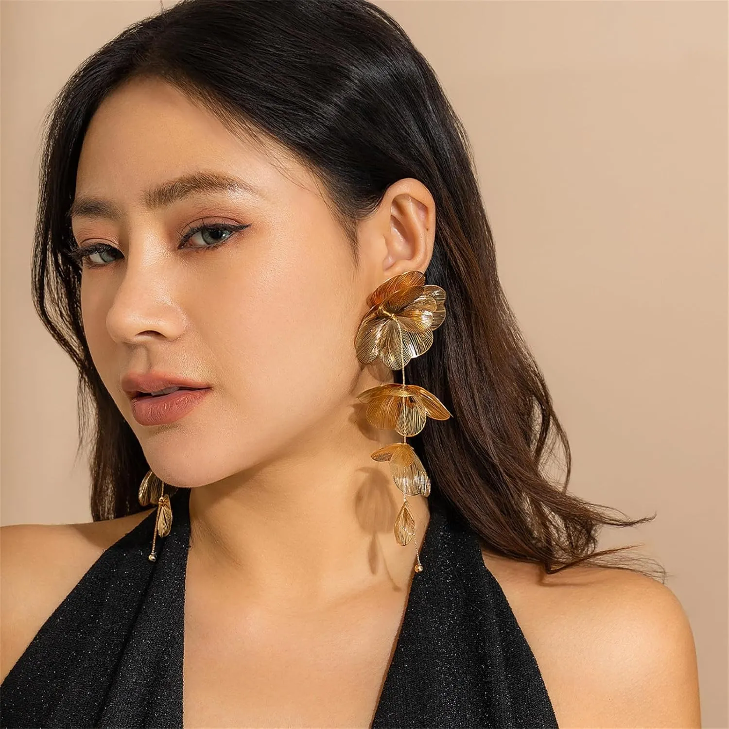 Gold Statement Flower Earrings,Chunky Punk Bunch Dangle Ginkgo Biloba Leaf Tassel Earrings Large Metal Drop Ear Bohemian Layered Petal Floral Jewelry for Women