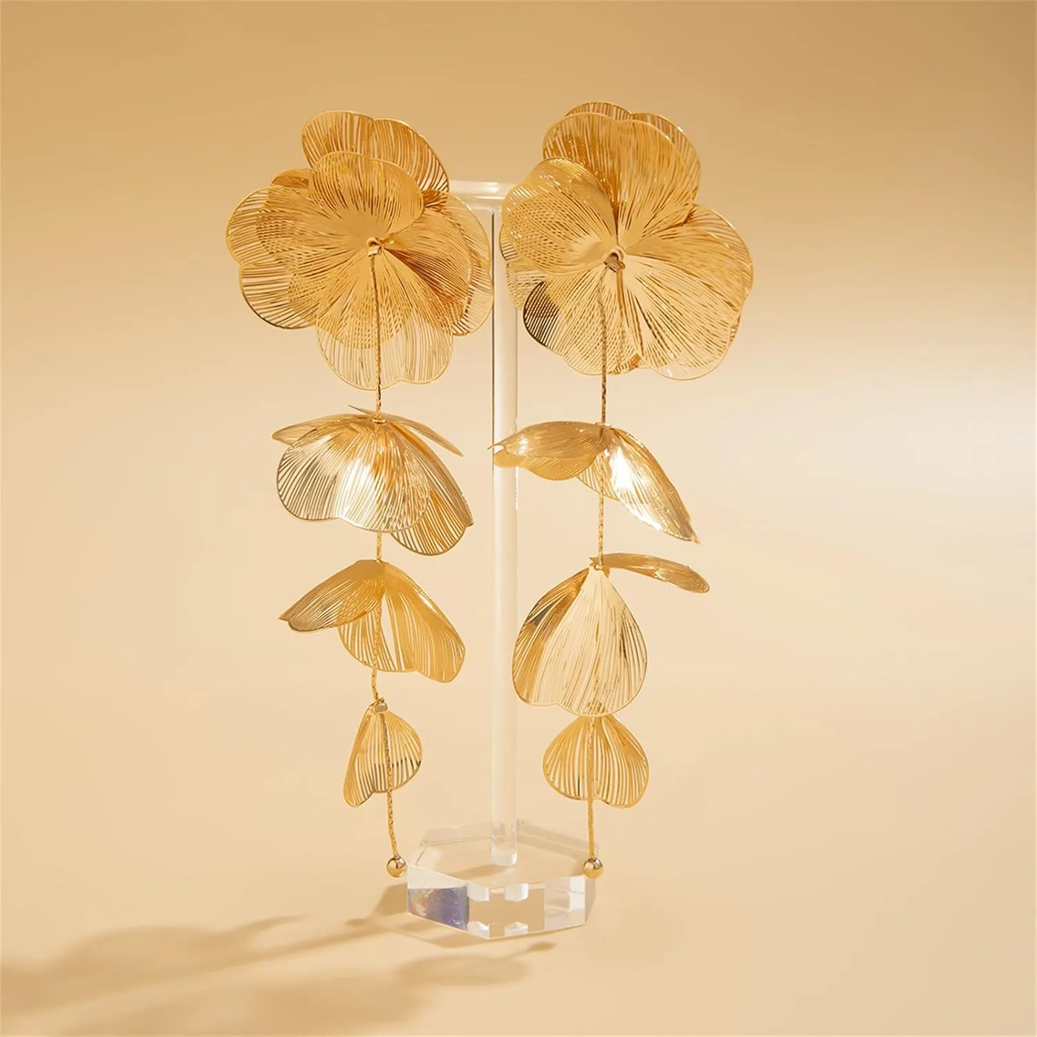 Gold Statement Flower Earrings,Chunky Punk Bunch Dangle Ginkgo Biloba Leaf Tassel Earrings Large Metal Drop Ear Bohemian Layered Petal Floral Jewelry for Women