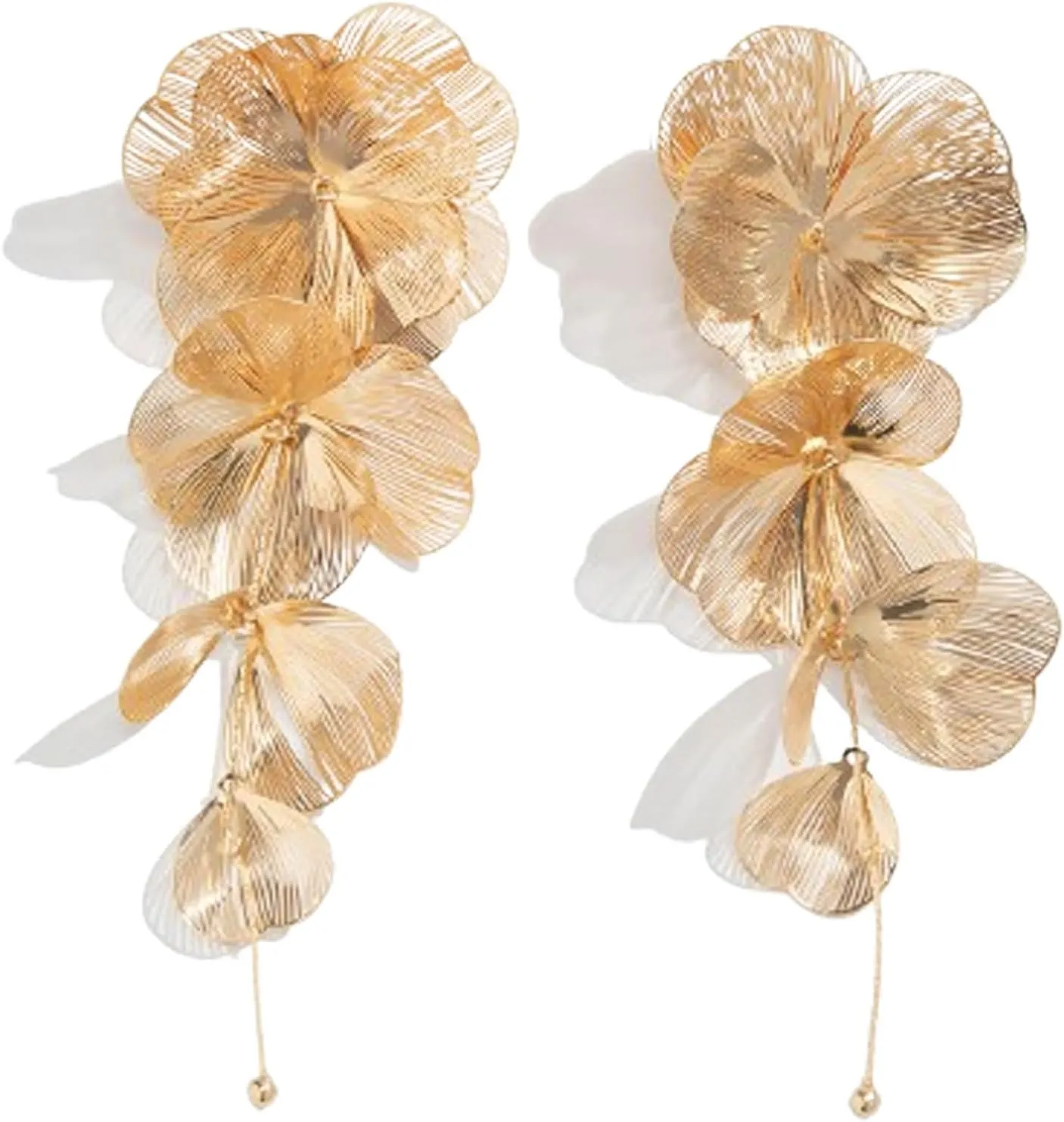 Gold Statement Flower Earrings,Chunky Punk Bunch Dangle Ginkgo Biloba Leaf Tassel Earrings Large Metal Drop Ear Bohemian Layered Petal Floral Jewelry for Women