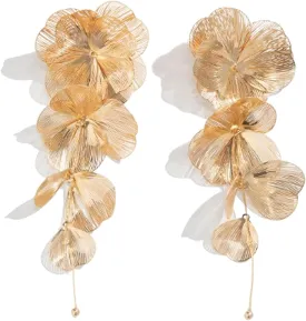 Gold Statement Flower Earrings,Chunky Punk Bunch Dangle Ginkgo Biloba Leaf Tassel Earrings Large Metal Drop Ear Bohemian Layered Petal Floral Jewelry for Women