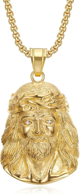 Gorgeous Stainless Steel Jesus Pendant Necklace with Cubic Zirconia Eyes Jesus Chain Religious Jewelry for Both Men and Women
