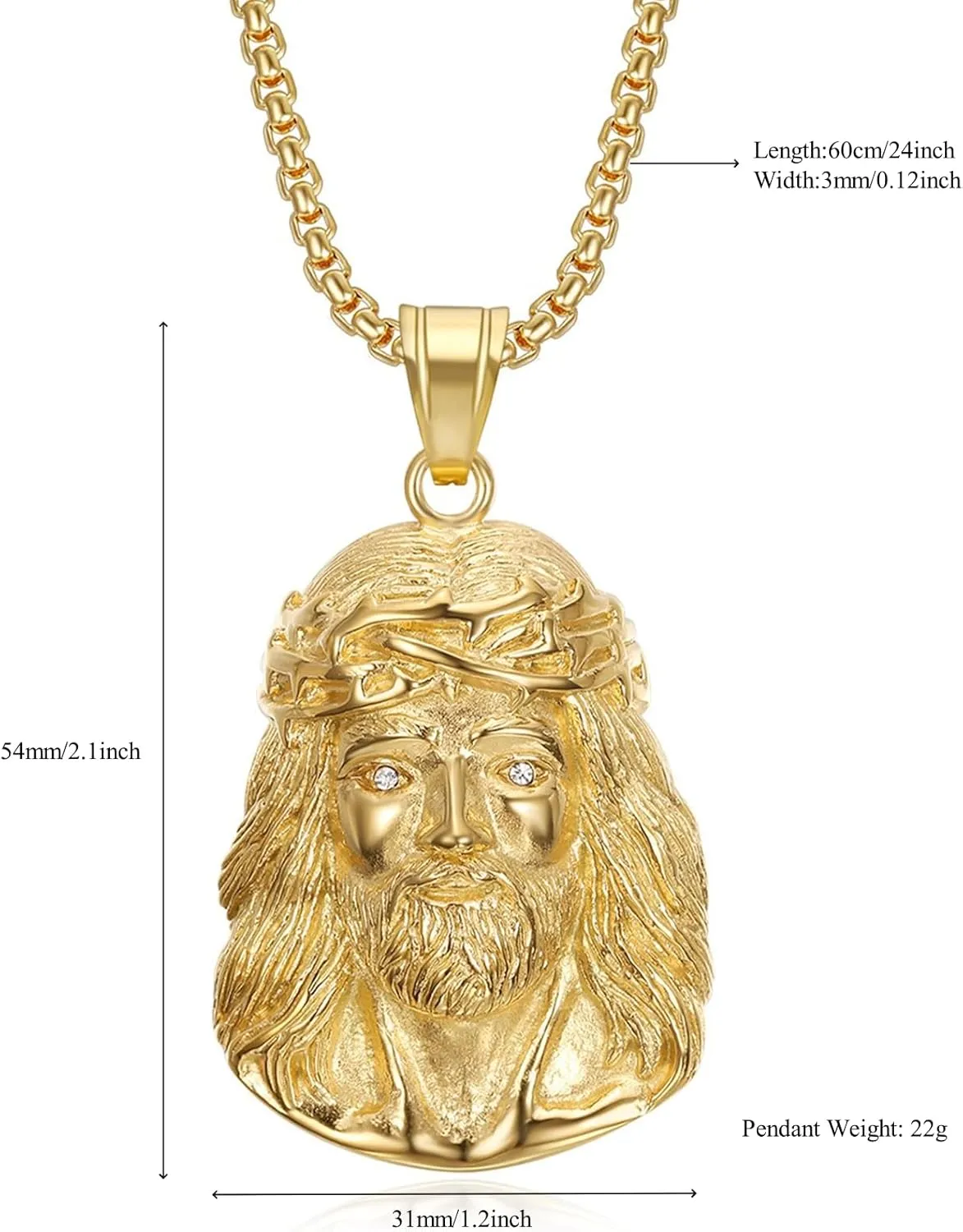 Gorgeous Stainless Steel Jesus Pendant Necklace with Cubic Zirconia Eyes Jesus Chain Religious Jewelry for Both Men and Women