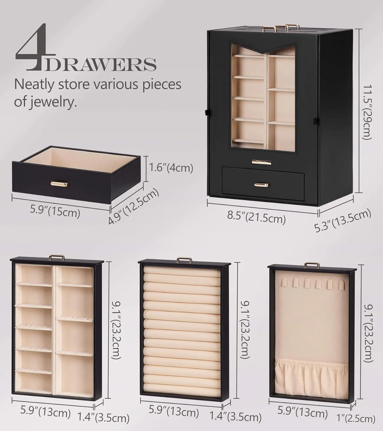 Homde Jewelry Organizer with Transparent Window Necklace Hooks Gift for Women Jewelry Box Display Case for Necklaces Rings Earrings Bracelets and Other Jewelry Accessories (Black   Gold)