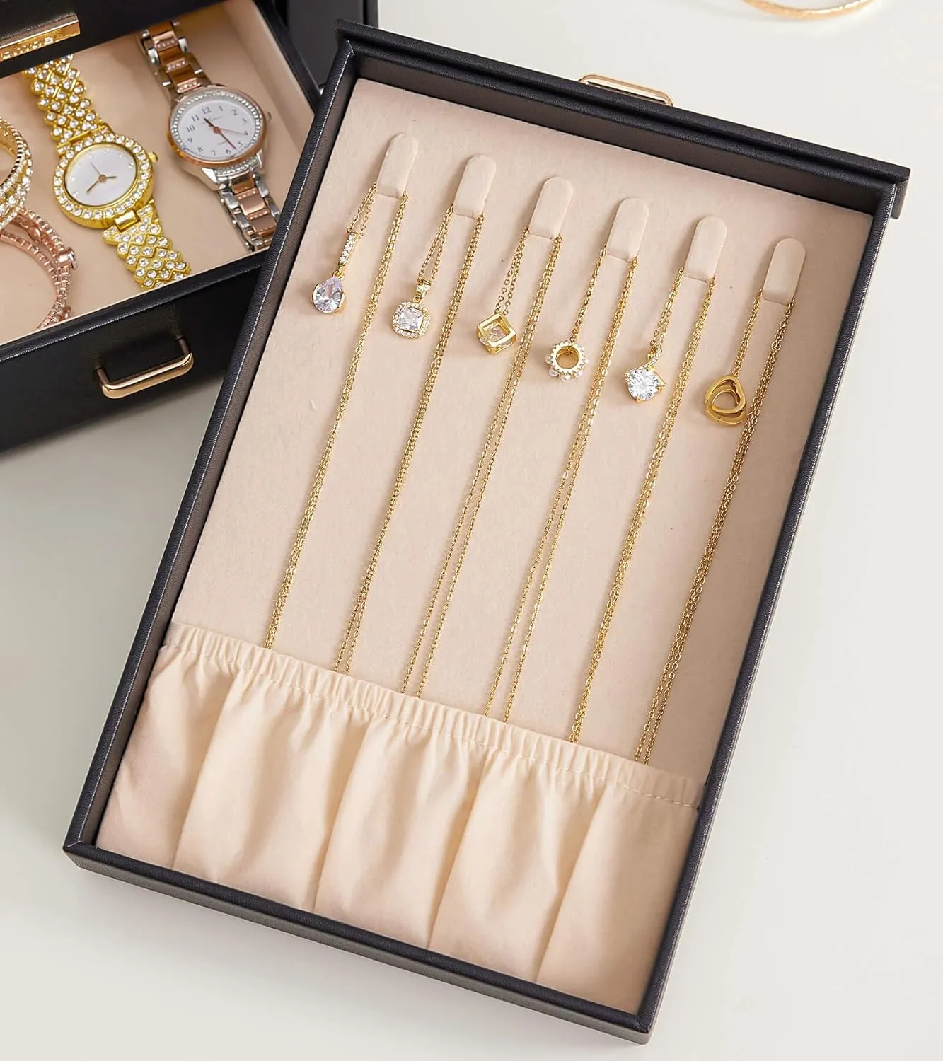 Homde Jewelry Organizer with Transparent Window Necklace Hooks Gift for Women Jewelry Box Display Case for Necklaces Rings Earrings Bracelets and Other Jewelry Accessories (Black   Gold)