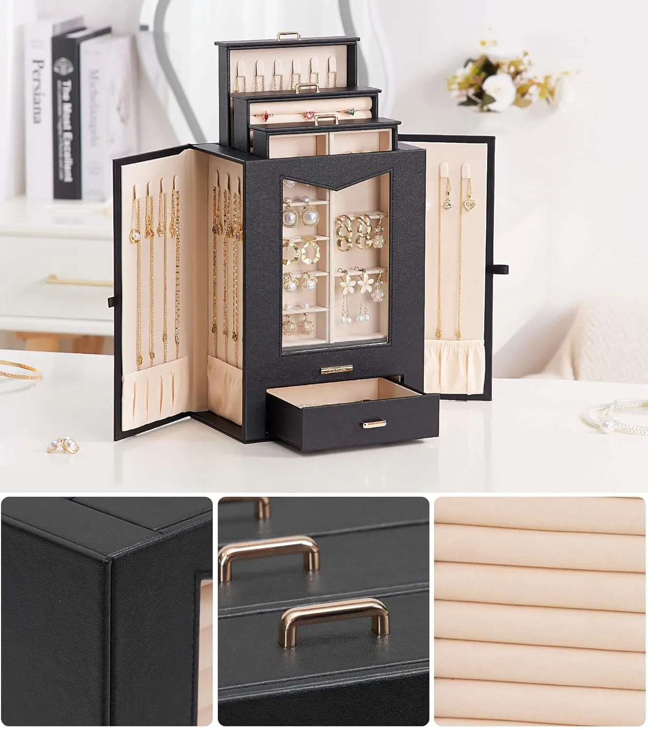 Homde Jewelry Organizer with Transparent Window Necklace Hooks Gift for Women Jewelry Box Display Case for Necklaces Rings Earrings Bracelets and Other Jewelry Accessories (Black   Gold)