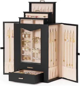 Homde Jewelry Organizer with Transparent Window Necklace Hooks Gift for Women Jewelry Box Display Case for Necklaces Rings Earrings Bracelets and Other Jewelry Accessories (Black   Gold)