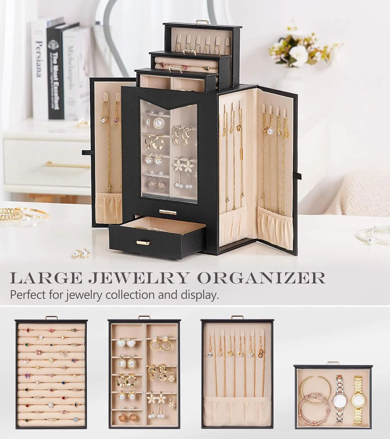 Homde Jewelry Organizer with Transparent Window Necklace Hooks Gift for Women Jewelry Box Display Case for Necklaces Rings Earrings Bracelets and Other Jewelry Accessories (Black   Gold)