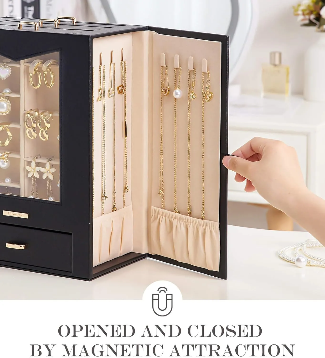Homde Jewelry Organizer with Transparent Window Necklace Hooks Gift for Women Jewelry Box Display Case for Necklaces Rings Earrings Bracelets and Other Jewelry Accessories (Black   Gold)