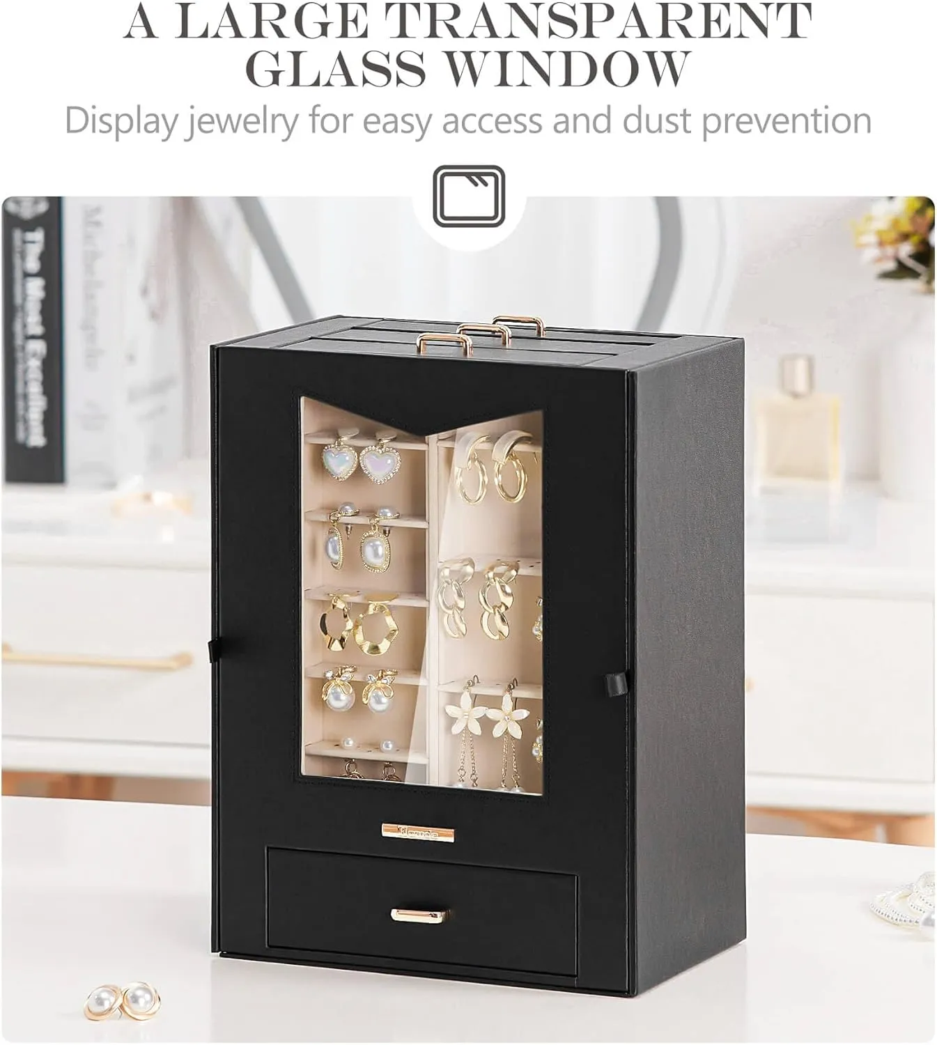 Homde Jewelry Organizer with Transparent Window Necklace Hooks Gift for Women Jewelry Box Display Case for Necklaces Rings Earrings Bracelets and Other Jewelry Accessories (Black   Gold)