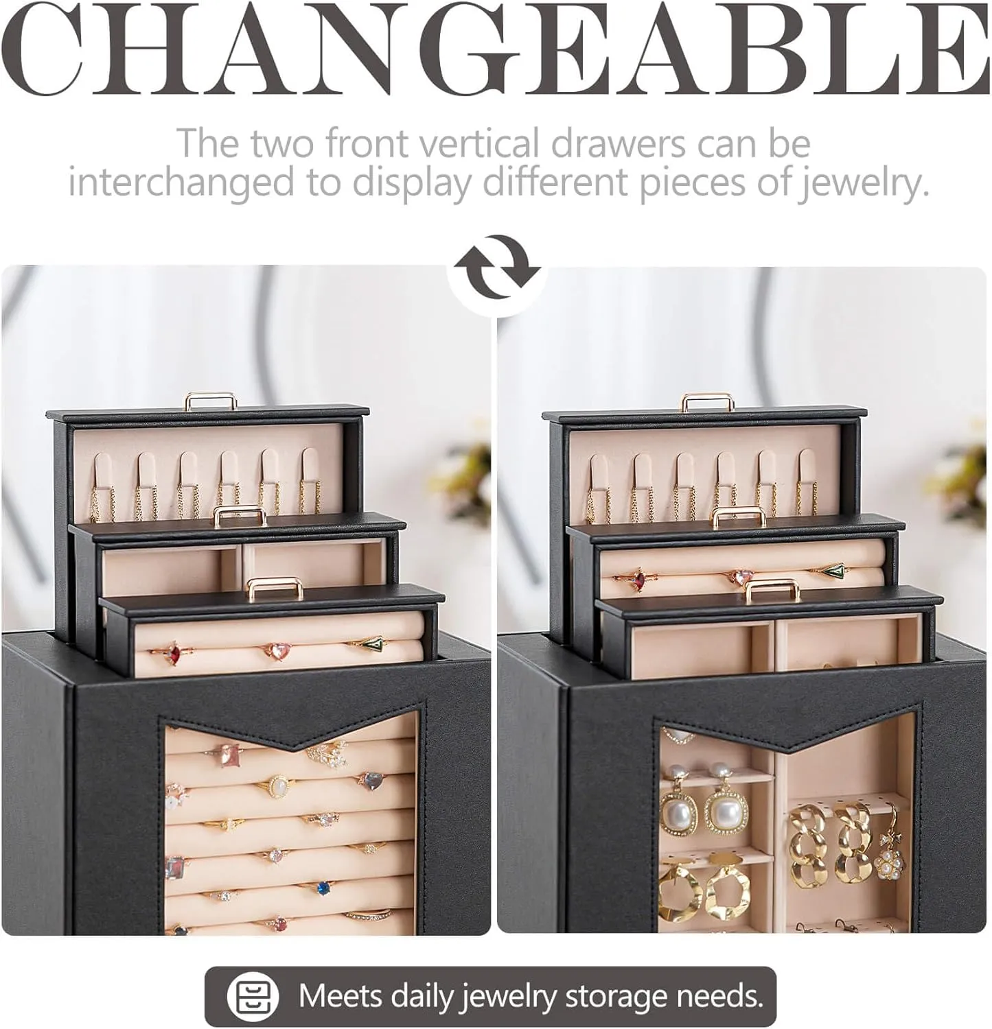 Homde Jewelry Organizer with Transparent Window Necklace Hooks Gift for Women Jewelry Box Display Case for Necklaces Rings Earrings Bracelets and Other Jewelry Accessories (Black   Gold)