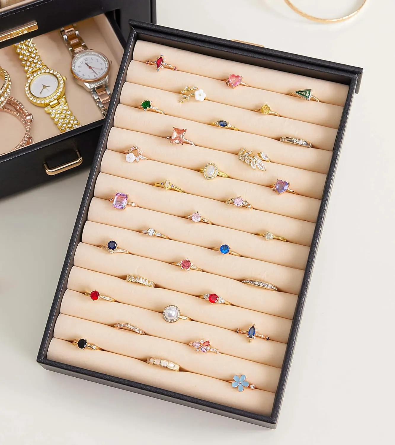 Homde Jewelry Organizer with Transparent Window Necklace Hooks Gift for Women Jewelry Box Display Case for Necklaces Rings Earrings Bracelets and Other Jewelry Accessories (Black   Gold)