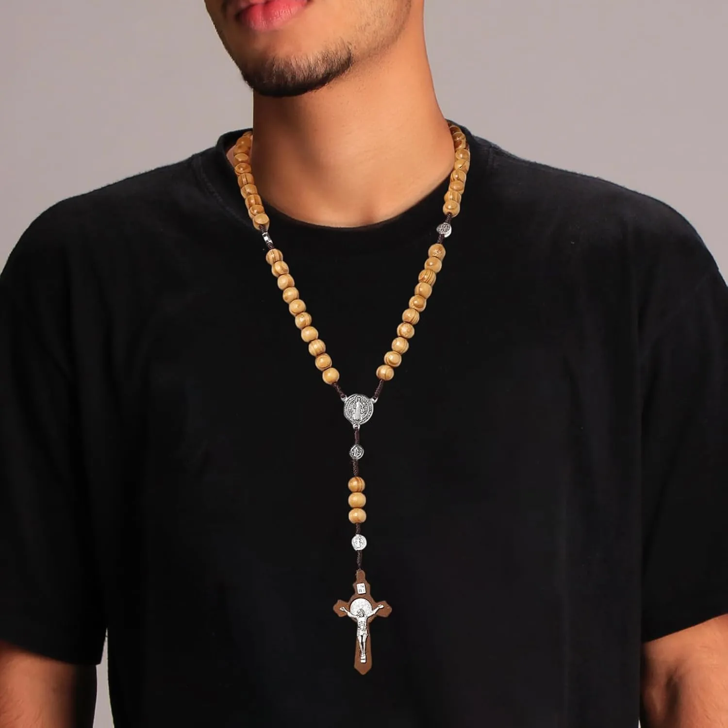 HZMAN Natural Wooden Crucifix Cross Necklace for Men Handmade Prayer Rosary Beads Saint Benedict Necklace Pendant Catholic Jewelry Gift