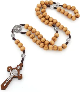 HZMAN Natural Wooden Crucifix Cross Necklace for Men Handmade Prayer Rosary Beads Saint Benedict Necklace Pendant Catholic Jewelry Gift