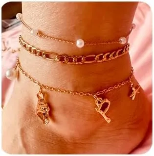 Initial Charm Anklets For Women Shell Letter Anklets Set Gold Charms Pendant Boho Summer Seashell Beach 14k Jewelry for Women Gift