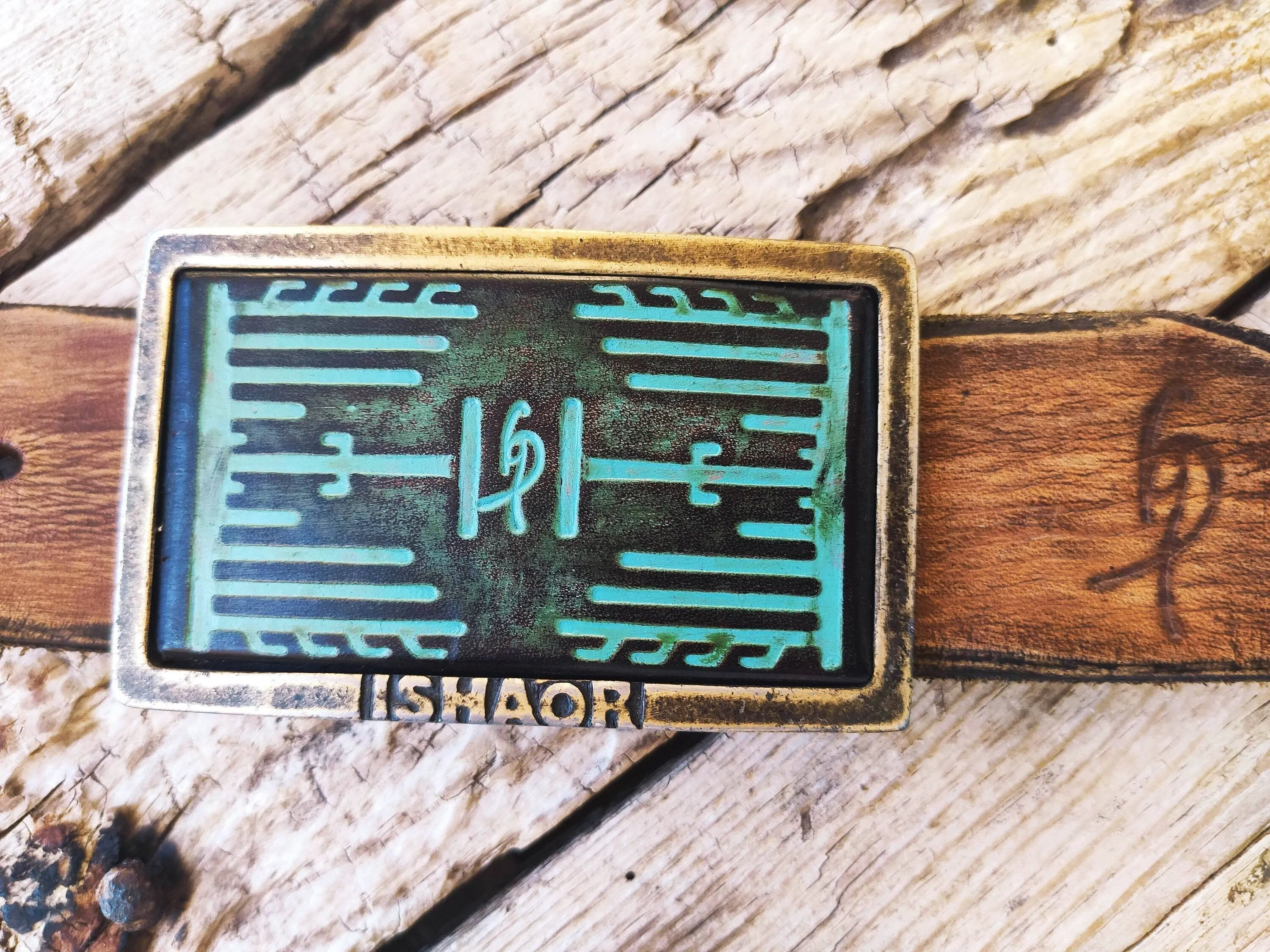 Ishaor Rectangle Buckle with Turquoise Leather Embossing Heat Sink Cooler and Brown Wash Upgrade for Any Belt