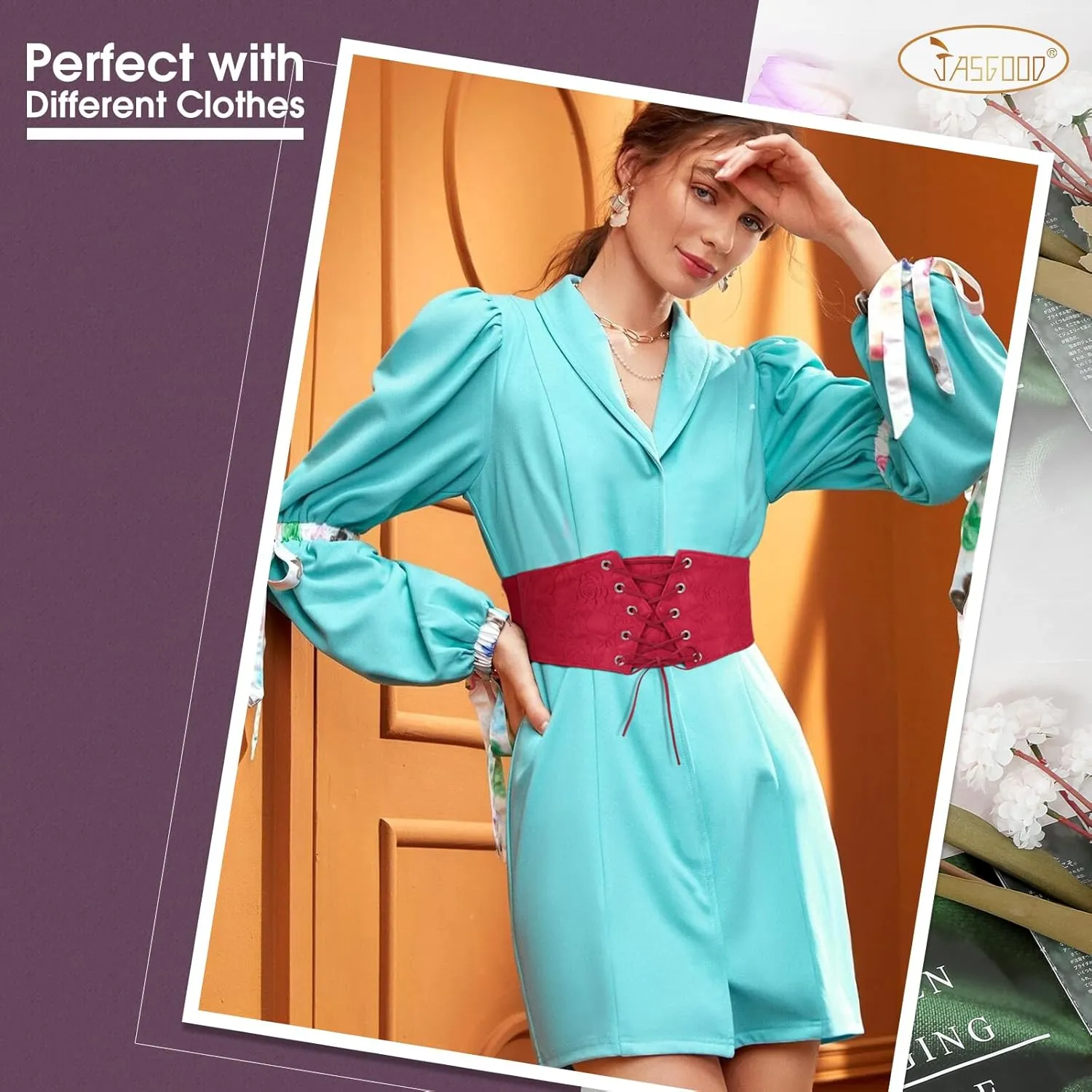 JASGOOD 2 Pack Women Wide Corset Waist Belt Lace-up Tied Waspie Elastic Belt for Dress