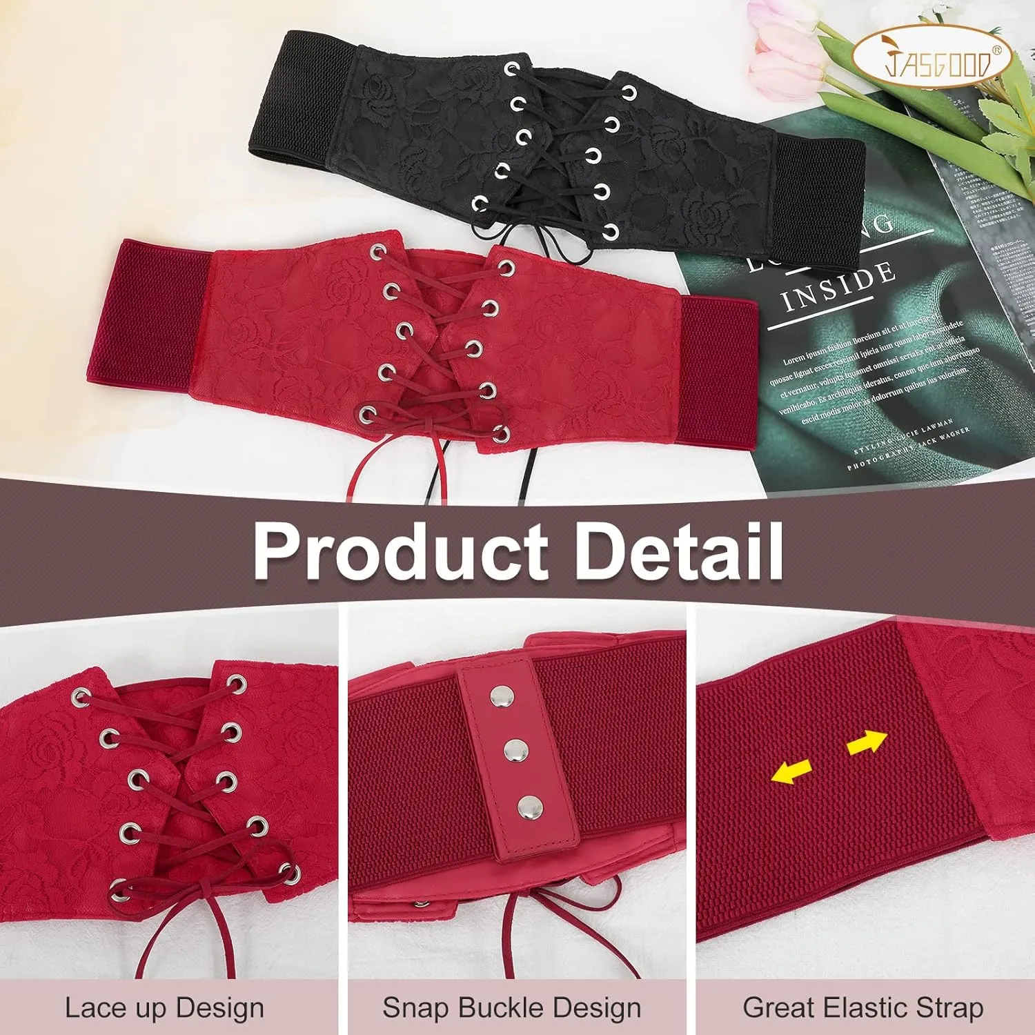 JASGOOD 2 Pack Women Wide Corset Waist Belt Lace-up Tied Waspie Elastic Belt for Dress