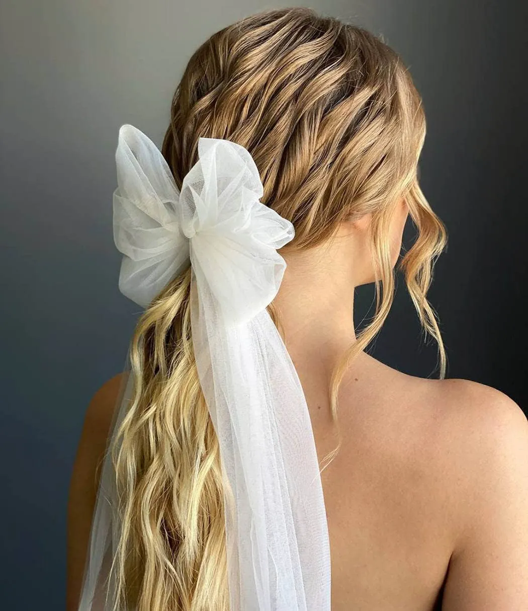 JEAIRTS Bridal Hair Bow Veil Pearl Wedding Hair Piece White Tulle Bow with Clip Bachelorette Party Hair Accessories for Women (Style 3)