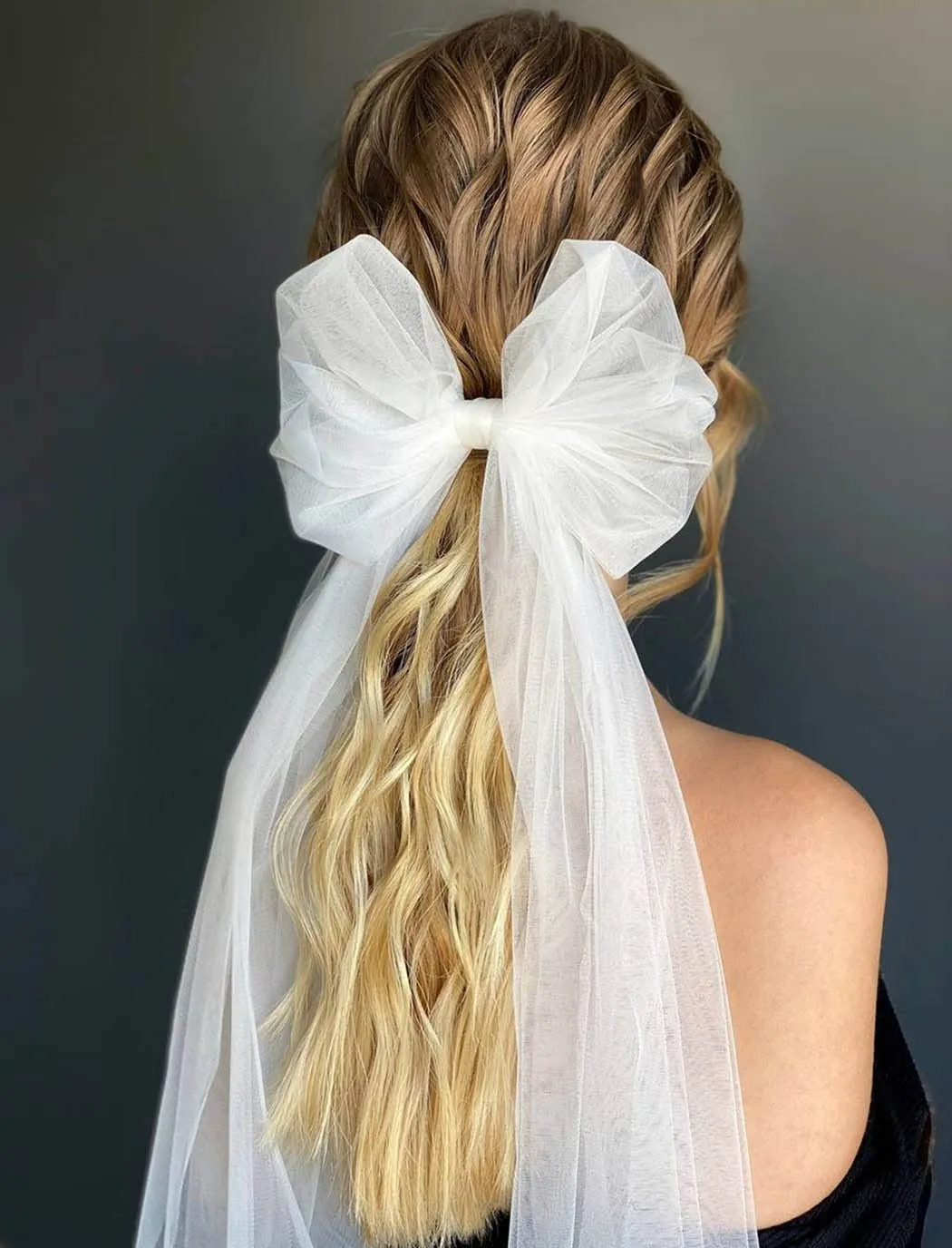 JEAIRTS Bridal Hair Bow Veil Pearl Wedding Hair Piece White Tulle Bow with Clip Bachelorette Party Hair Accessories for Women (Style 3)