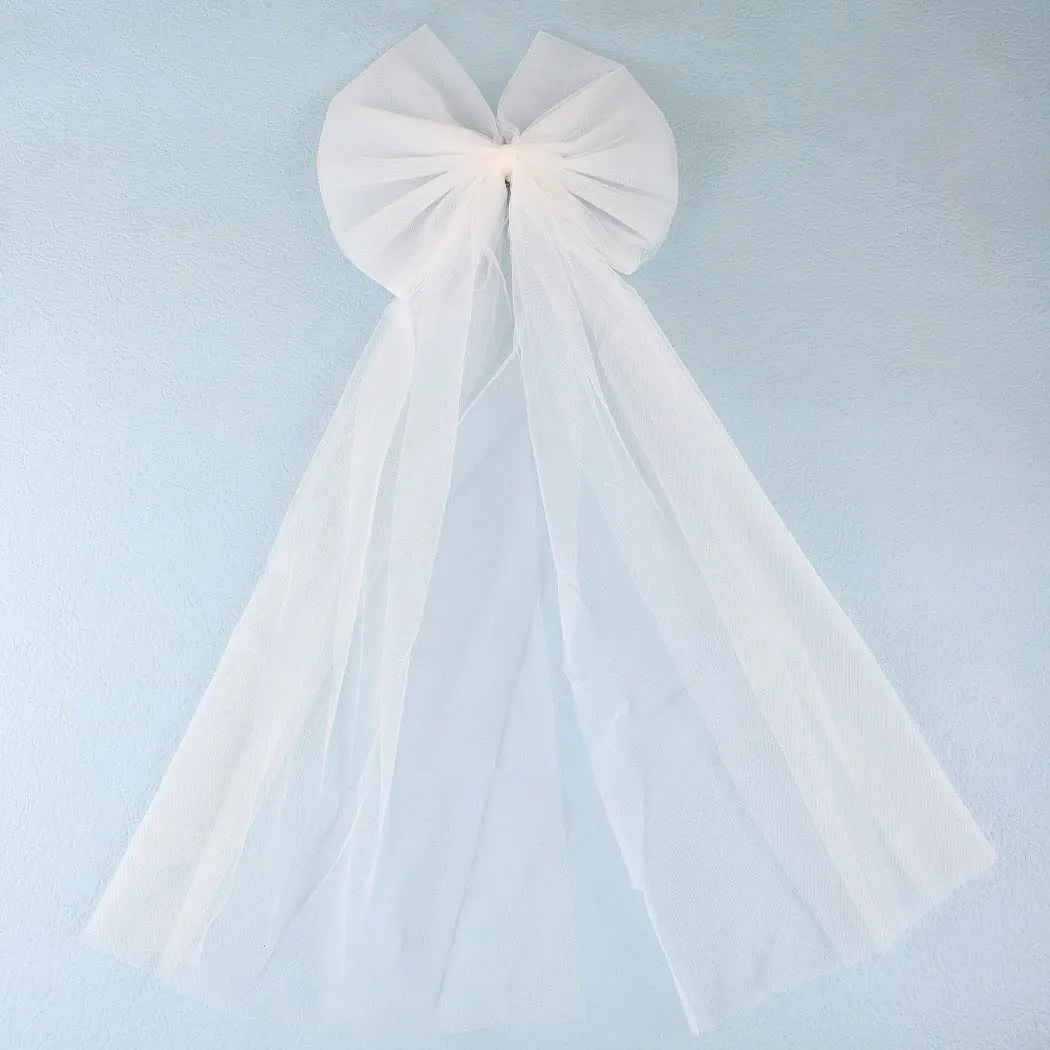 JEAIRTS Bridal Hair Bow Veil Pearl Wedding Hair Piece White Tulle Bow with Clip Bachelorette Party Hair Accessories for Women (Style 3)