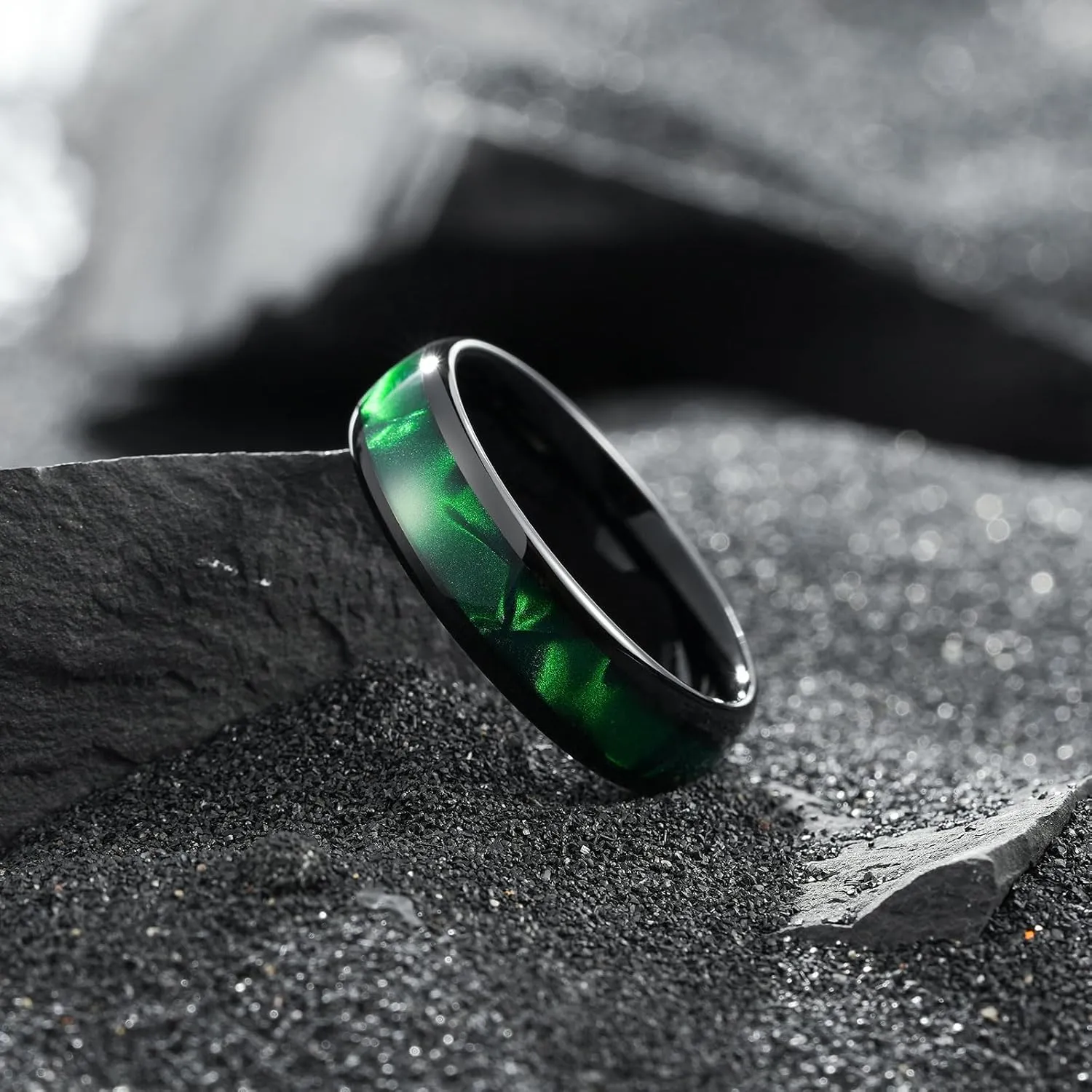 King Will Tungsten Carbide Rings for Men Black Mens Wedding Band Colorful Shell Inlay Domed Polished