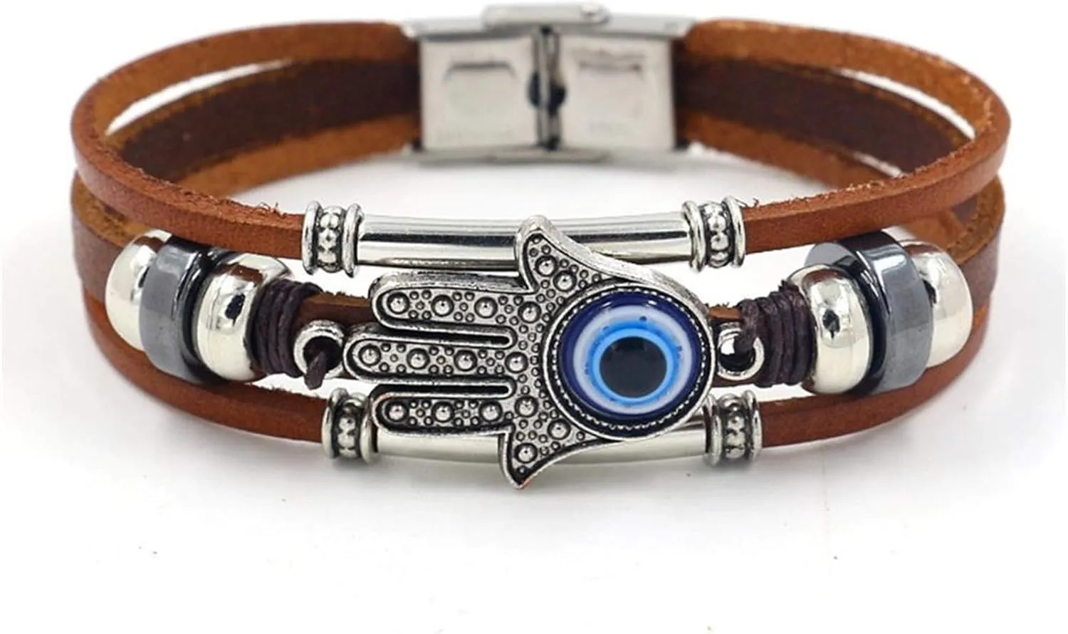 Leather Evil Eye Bracelet - Vintage Three-Row Hamsa Hand Blue Eyes Wristband - Retro Multi-Layer Rope Wrap Bangle - Handmade Devil's Eye Turkish Jewelry