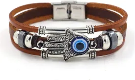 Leather Evil Eye Bracelet - Vintage Three-Row Hamsa Hand Blue Eyes Wristband - Retro Multi-Layer Rope Wrap Bangle - Handmade Devil's Eye Turkish Jewelry