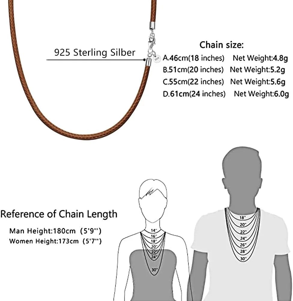 Leather Necklace for Men Women 925 silver buckle Cord Chain Waterproof 18''-24''optional 2.5mm Rope Chain DIY for Pendant With gift box