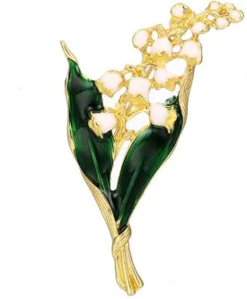 Lily of The Valley Gold Brooch Pin Alloy Enamel Green Leaves and White Floral Brooches Vintage Elegant Brooch for Women Girls Lucky Handmade DIY Lapel Pins Memorial Day Valentine's Day Blessing Gift Jewelry