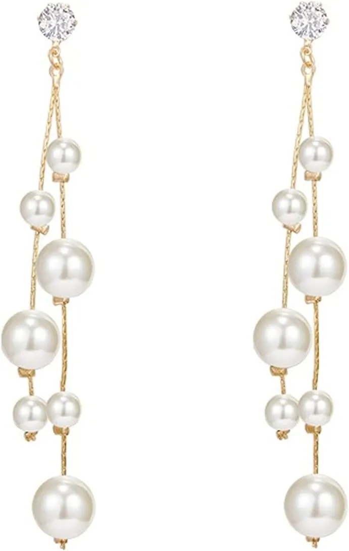 Long Tassel Pearl Dangle Earrings for Women Girls - Dangling Hanging Baroque Simulated Freshwater Pearl Drop Dangle EarringBridal Wedding Gift