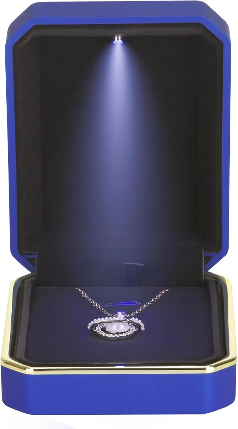 Luxury LED Pendant Necklace Gift Box with LED Light, Velvet Jewelry Storage Display Case for Proposal Engagement Wedding Anniversary Birthday Valentine's Day (Blue)
