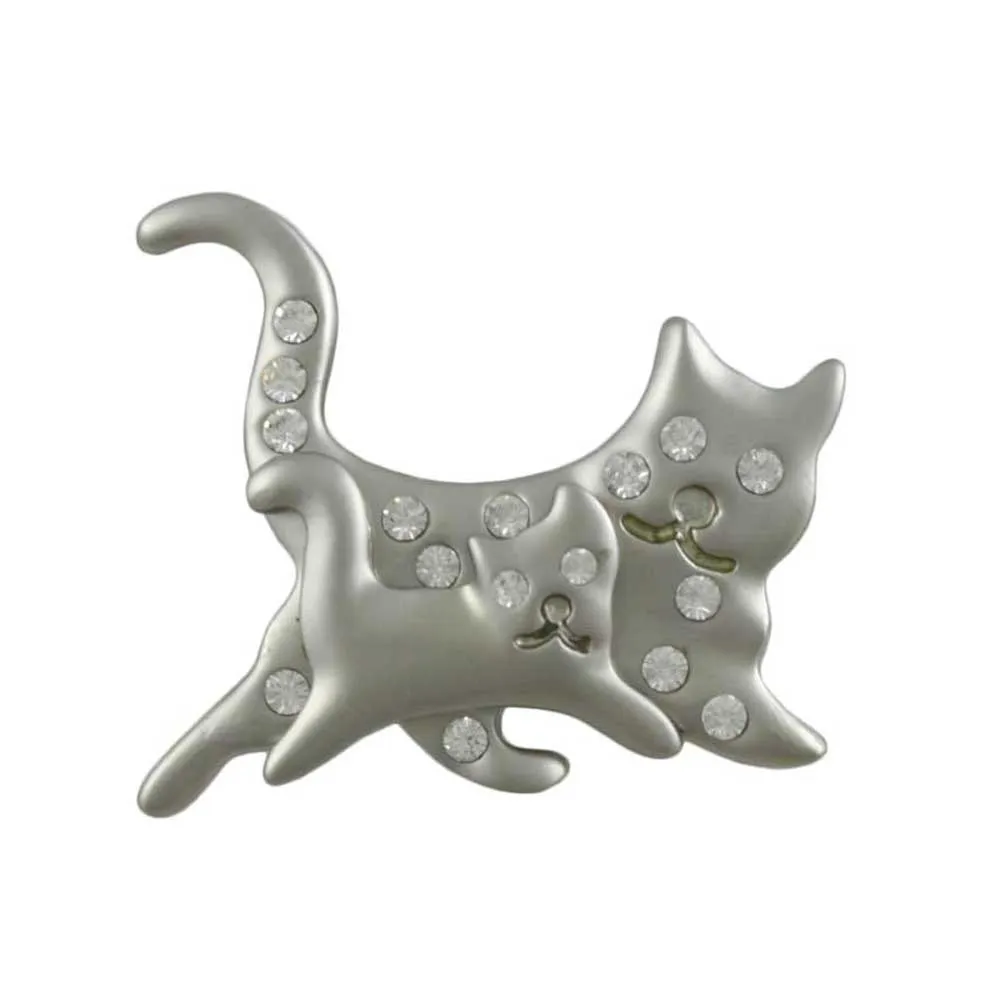 Matte Silver Mom and Baby Running Cats Brooch Pin - PRC710C