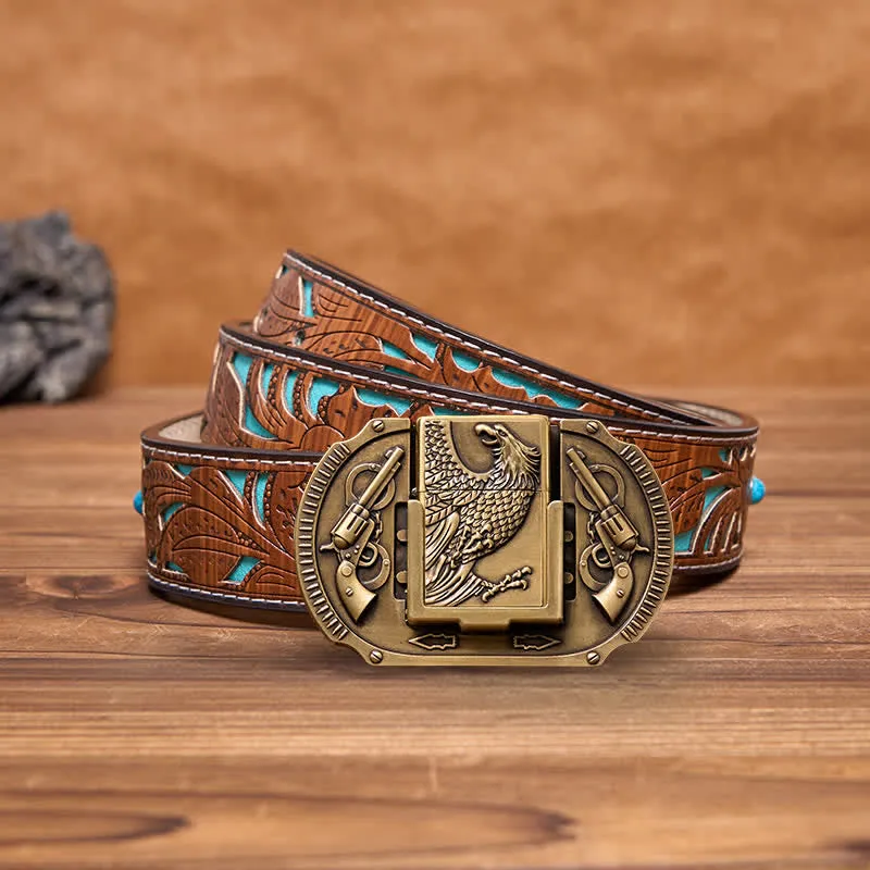Men's DIY Bronze Eagle Guns Leather Belt with Hidden Lighter
