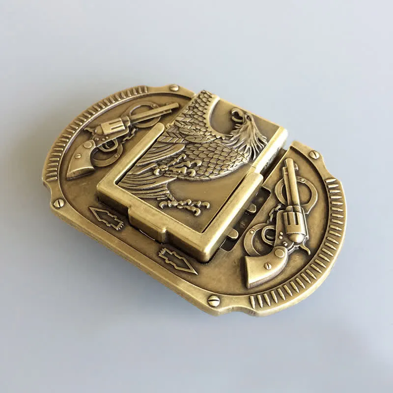 Men's DIY Bronze Eagle Guns Leather Belt with Hidden Lighter