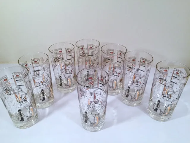 Mid-Century Rare Black & 22-Karat Gold Coin Operation/Vending Machine Vintage Glasses (Set of 8 Glasses)